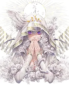 动漫1458x1800动漫动漫女孩花白发白玫瑰翅膀蛇花瓣长指甲水滴紫色眼睛