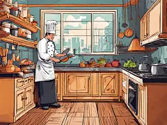 AI数字艺术扁平手绘厨师在厨房烹饪插画