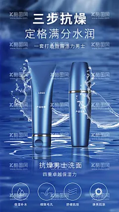 蓝色男士护肤品海报  - 源文件下载【酷图网】洁面,护肤,活力男士,水润抗燥,男士护肤品,男士护肤,清洁脸部,洗面奶海报,洁面乳,护肤品背景,护肤品素材,男士洁面