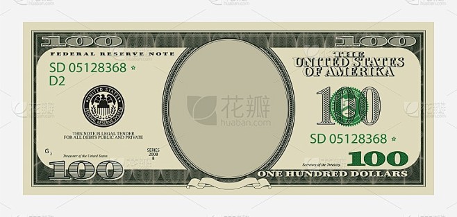 100美元模板。中间有空肖像的美国钞票。