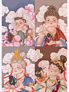 心中佛集齐四宫格，原创国风插画