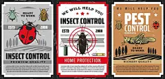 点击来源直接获取大图文件 |害虫防治，昆虫灭绝服务向量海报。家庭防护，花园和田野中的昆虫防治，包括臭虫、甲虫、蝗虫和蟑螂