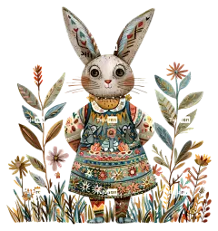 复活节兔子-田野里穿着花裙的彩色兔子