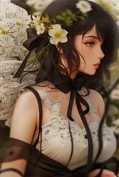 写意插画 少女 白花 侧颜 现代 言情 女频网文封面素材