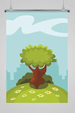 抽象卡通手绘绿树风景背景