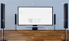 白色灰泥墙上的家庭影院。用于迷你家庭影院的大屏幕电视和音频设备。3D渲染。