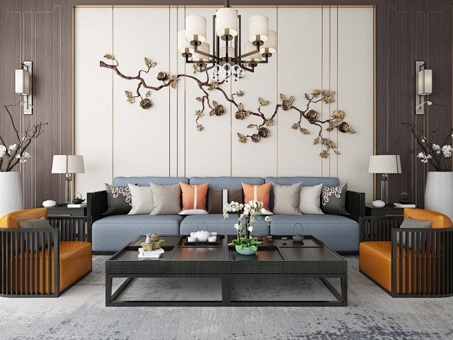 新中式沙发茶几吊灯装饰画地毯组合-室内设...