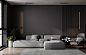 时尚的黑色客厅室内灰色沙发模拟，现代室内背景，空黑色墙模型，3d插图图片素材