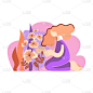 girl, with red hair in a purple dress, pulls her h