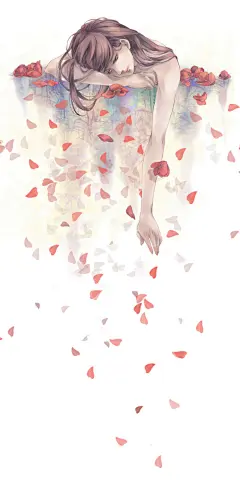 手绘插画 人物 风景 意境 美图 花瓣 少女