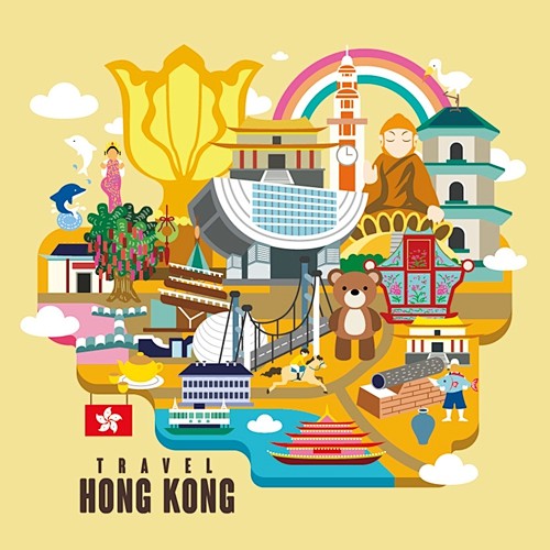 185香港旅行手绘美食地图地标建筑缆车紫...