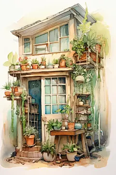 花园植物房子水彩画铅笔插画