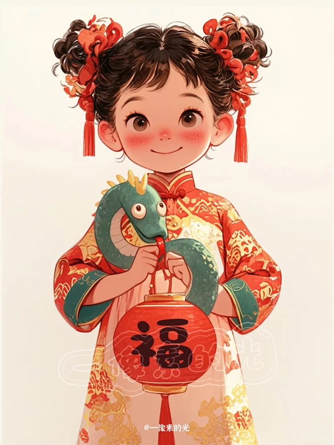 喜庆蛇年插画抱着蛇的小女孩2025蛇年I...