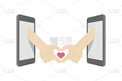 手意语心形符号形状之间的两个智能手机集情侣概念创意插图孤立在白色的背景，与复制空间