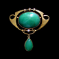 MURRLE BENNETT & Co. (1896-1914)  A large gold brooch set with a central cabochon chrysoprase and four pearls   within a whiplash mount. A chrysoprase drop below. Anglo/German c.1900.   Marks for MB & Co. and 15 ct. Size: Height 4 cm. Width 3.7 cm