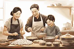 漫画家人家庭美食包饺子插画