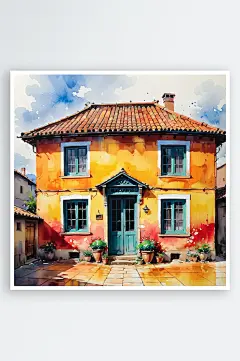 手绘油画老房子四合院儿童插画-众图网