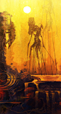 Junk Striders on Scrapworld, Aaron Nakahara : I had this scifi-ish scene in my head, a world of just rusted scrap with these tall, spire-like robot things just shambling throughout, finding things with their thin hands to toss into the ratchety furnaces t