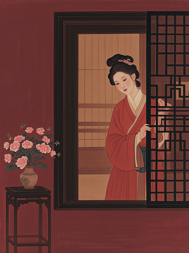 Nanjiao Xi，一位宋代少女，站在窗前，优雅端庄，整体色调为低饱和度的深红色调，清新自然，仕女图，色调统一，低饱和度 (4)