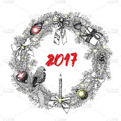 2017年的字母代表2017年节日贺卡的文字设计在手绘节日框架与礼物。