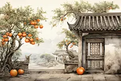 古风中式建筑水墨风秋天秋季自然风景插画