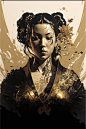 beautiful gorgeous mai shiranui as a yakuza member in silk gold and black open robe with filigree by pascal blanche, james jean, guweiz, yoji shinkawa, alena aenami, ink painting, intricate details, ukiyo e, monochrome, high contrast, reflections, elegant