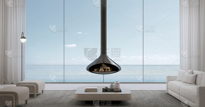 豪华海滩别墅。客厅设有沙发、桌椅、灯具、窗帘等，室外设有无限大泳池和海景。度假屋或度假别墅。