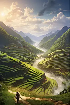 AI数字艺术手绘梯田自然风景插画-众图网
