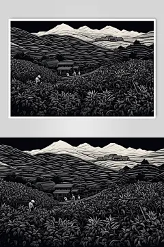 AI数字艺术复古铜版画茶园茶叶插画-众图网