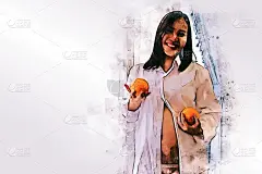 摘要七彩孕妇抱着水果吃着滋养子宫的水彩画插画背景。