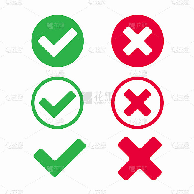检查标记，图标符号，矢量插图集。是或否，对与错，在圈与无，打勾与叉，OK或X平版设计的勾号按钮