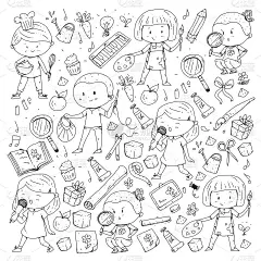 的孩子。学校和幼儿园。创造力和教育。音乐。探索。科学。的想象力。玩和学习。烹饪。唱歌。阅读。不同的爱