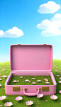 A-open-empty-pink-suitcase-on-the-wide-grass-surrounded-by-flowers--in-front-view--the-suitcase-is-empty-inside--with-sky-blue-background--in-the-cartoon-style--rendered-in-C4D--as-a-3D-scene-displayi (6)