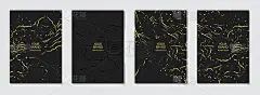向量集的封面设计。压纹黑色背景，金色grunge纹理。几何3 d模式。