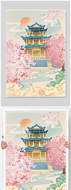 大气无锡城市赏樱楼商业插画