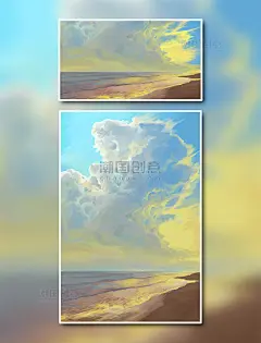 手绘海边日出插画图片_潮国创意