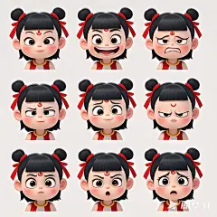 表情包，Q版画风，萌系，简约风，一个魔童哪吒图片，额头中间有一朵统一样式的红莲花印，黑眼圈，可爱画风，动画人物设计，迪斯尼角色风格，开心，愤怒，悲伤，惊讶，疑惑