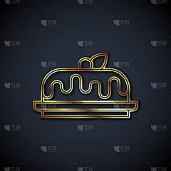 金色线蛋糕图标孤立在黑色背景。生日快乐。向量