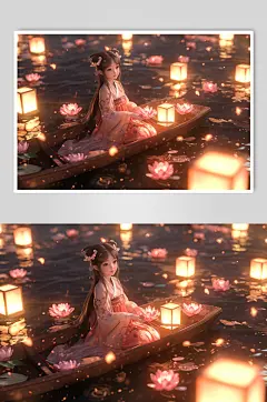 数字艺术中元节清明节放河灯古风人物插画