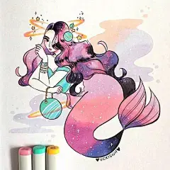 素材丨画风清新，唯美的小插画_美人鱼 : 她画的都是性感的小姐姐 练习线条的画法 她一定是充满美好幻想的女孩 每一个美女的服装搭配 每一个人物的服装搭配 都可以放在…