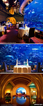 [] 位于#迪拜#帆船酒店（Burj Al Arab）底层的Al Mahara每次用餐都需动用到潜水艇接送。在这处可容纳74人用餐的“水族馆”式餐厅内，人们的目光已不仅仅聚焦在菜单上，更多的是在身边游来游去的鱼