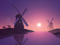 Windmills space stars shades night horses reflection sunrise sunset peace serenity calm illustration landscape adobe illustrator vector windmill windmills wind netherlands