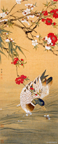 中国书画艺术：陈之佛《春江水暖》--- 画中点点桃花，红白相间，前后相映，几枝摇曳的绿竹，穿插其中，更显出桃花的娇艳。一只色彩斑斓的鸭子，悠然自得的嬉戏在流水中．追逐着飘落的，一派生气盎然的景象。此幅作品用独特的艺术语言充分地表达了“春江水暖鸭先知”这句脍炙人口诗句的意境。