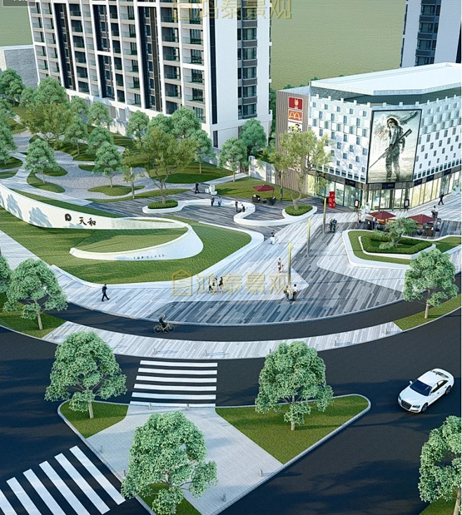 现代广场景观su模型商业街广场SU模型现代曲线商业街区景观su模型-花瓣网