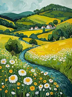 山坡田野庄稼手绘插画高清模板免费下载-趣麦麦图