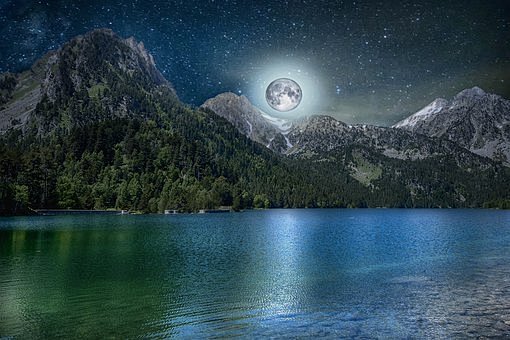 湖月亮夜幻想蓝色性质黑暗反思浪漫
