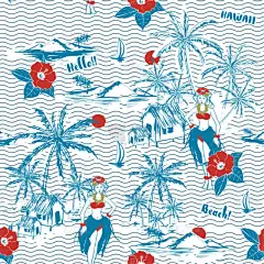 夏威夷女孩岛。波浪背景上的无缝图案。热带病媒手绘芙蓉花和胶树在海滩上，海洋在白色上.