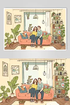 AI数字艺术七夕情人节情侣居家插画