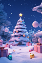 a 3D cartoon game scene, Christmas atmosphere, blue violet night sky background, colorful pencil drawing style, simple design, minimalist style, high resolution, festive pastel colors, flat illustration, and promotional posters, the background is Christma