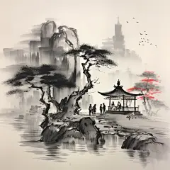 中国风水墨山水古风建筑素材图片